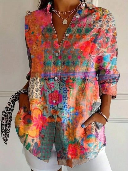 Women's Multicolor Print Blouse Cotton Button Front Rolled Sleeves