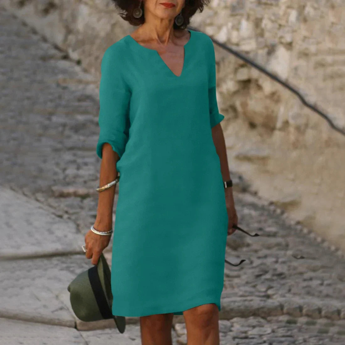 Women's V-Neck Mini Dress 3/4 Sleeves