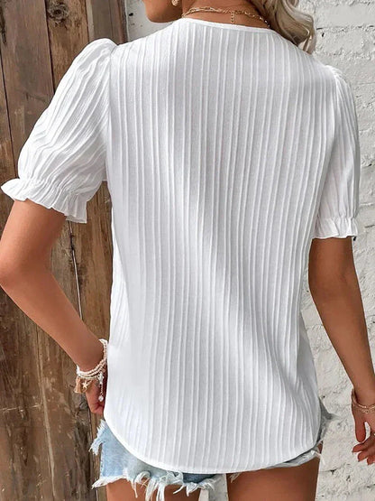 Women's V-Neck Lace Blouse Puff Sleeves