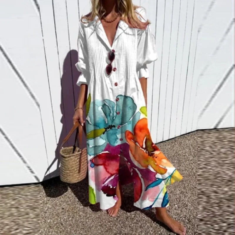 Women's Maxi Dress Collared Button Front Printed
