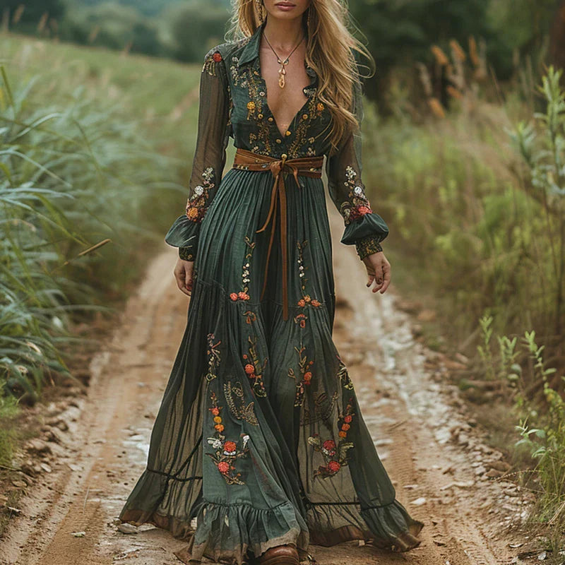 Women's Floral Maxi Dress Ruffle Collar Tie Waist