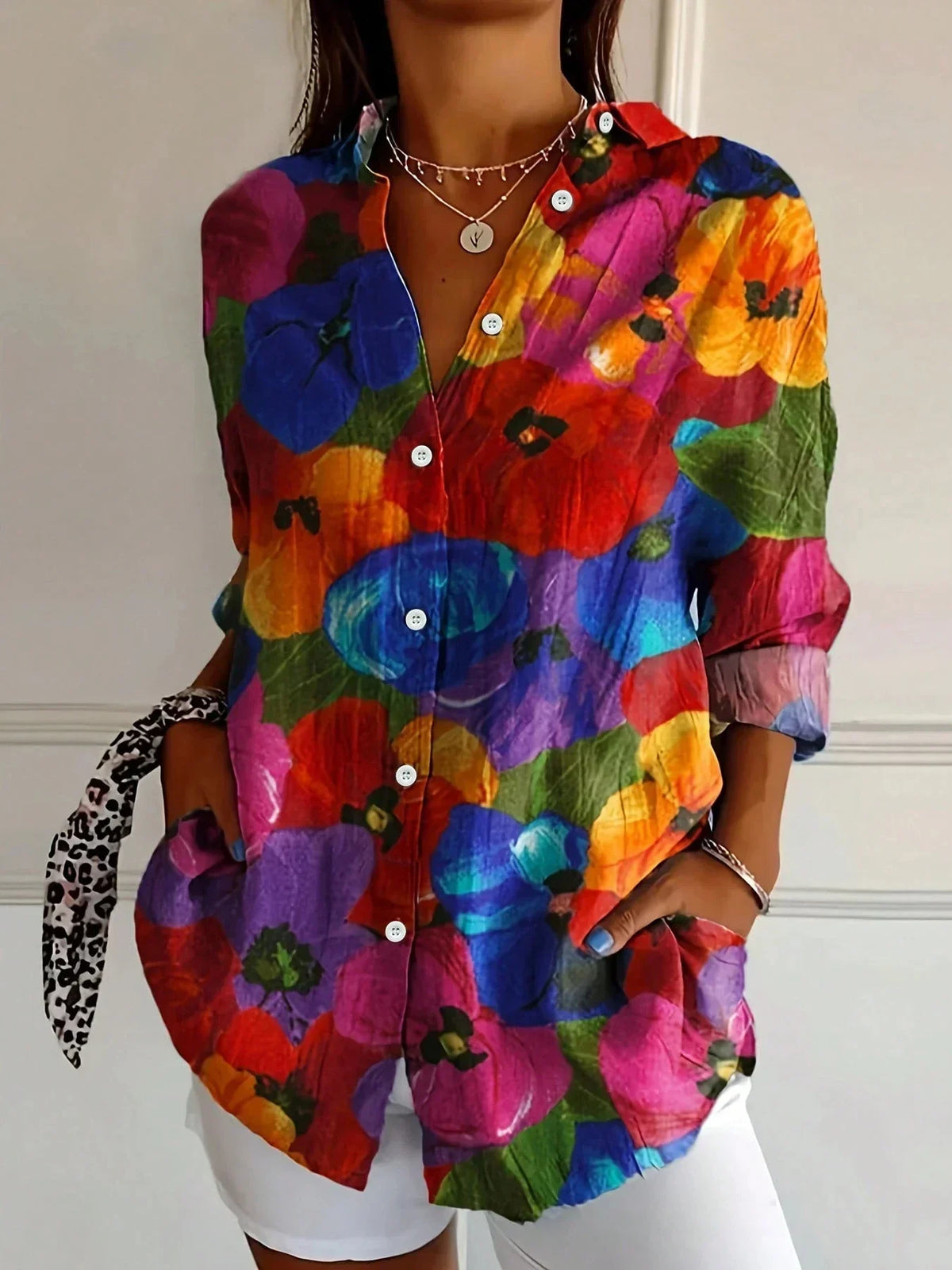 Women's Multicolor Print Blouse Cotton Button Front Rolled Sleeves