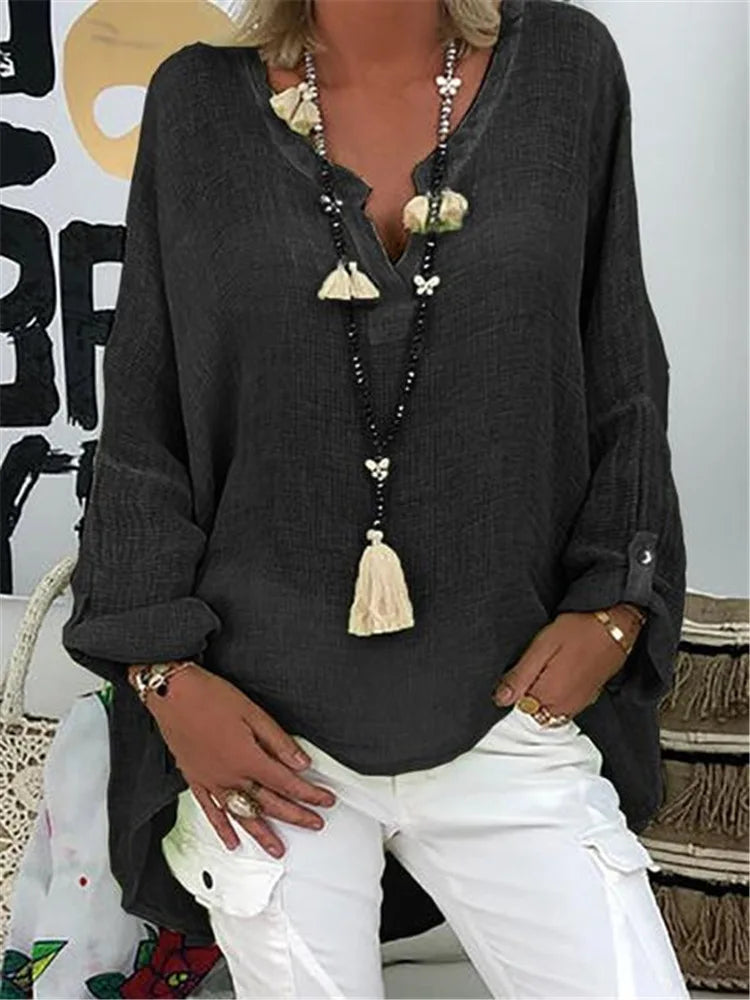 Women's V-Neck Blouse Rolled Sleeves