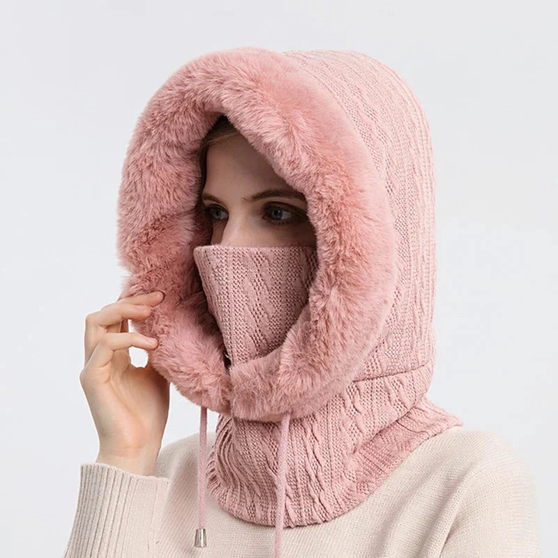 Women's Textured Hooded Scarf Fur Trim Beige