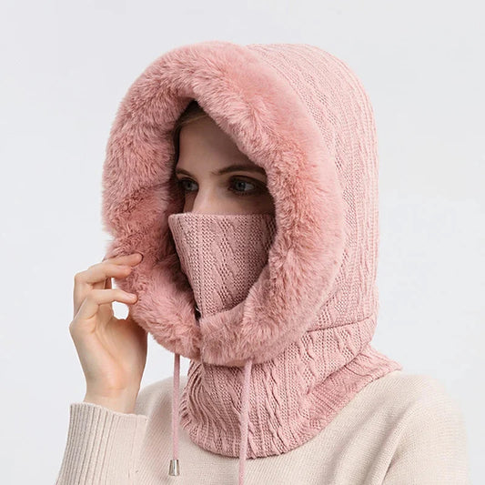 Women's Textured Hooded Scarf Fur Trim Beige