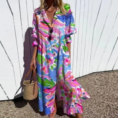 Women's Maxi Dress Collared Button Front Printed
