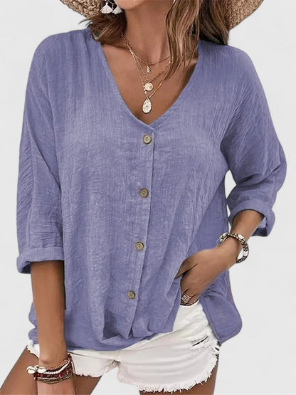 Relaxed Button-Front V-Neck Shirt