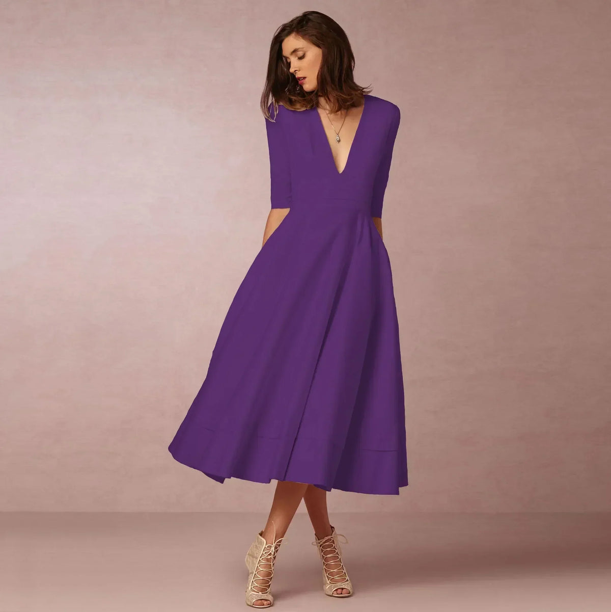 Women's Deep V-Neck Midi Dress Half Sleeves Flared Skirt