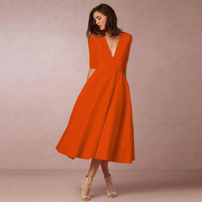 Women's Deep V-Neck Midi Dress Half Sleeves Flared Skirt