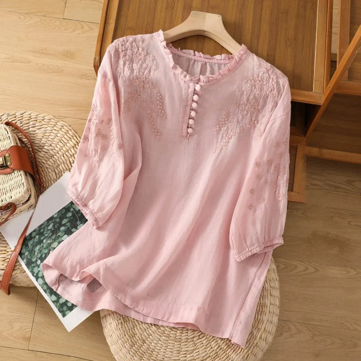 Women's Ruffle Blouse Embroidered Cotton