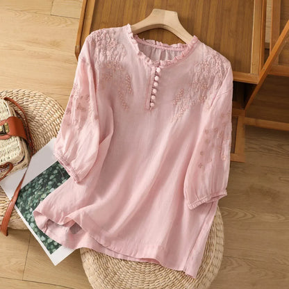 Women's Ruffle Blouse Embroidered Cotton