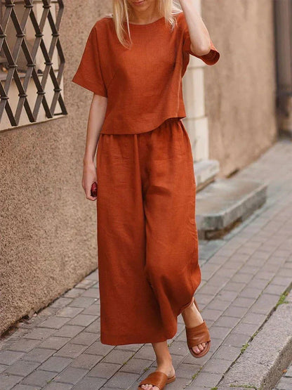 Women's Summer Two Piece Crew Neck T-Shirt And Pants