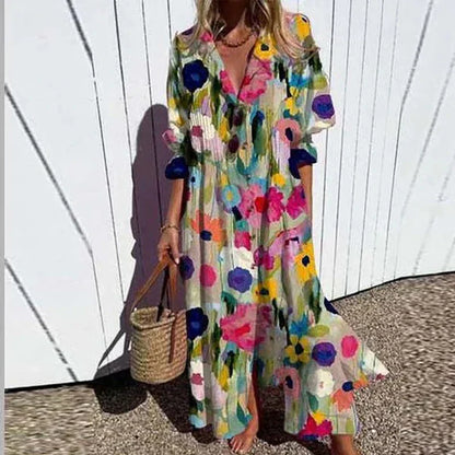 Women's Maxi Dress Collared Button Front Printed