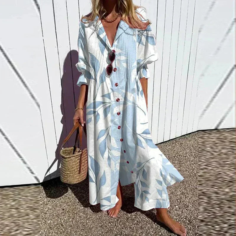 Women's Maxi Dress Collared Button Front Printed