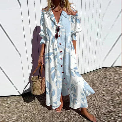 Women's Maxi Dress Collared Button Front Printed