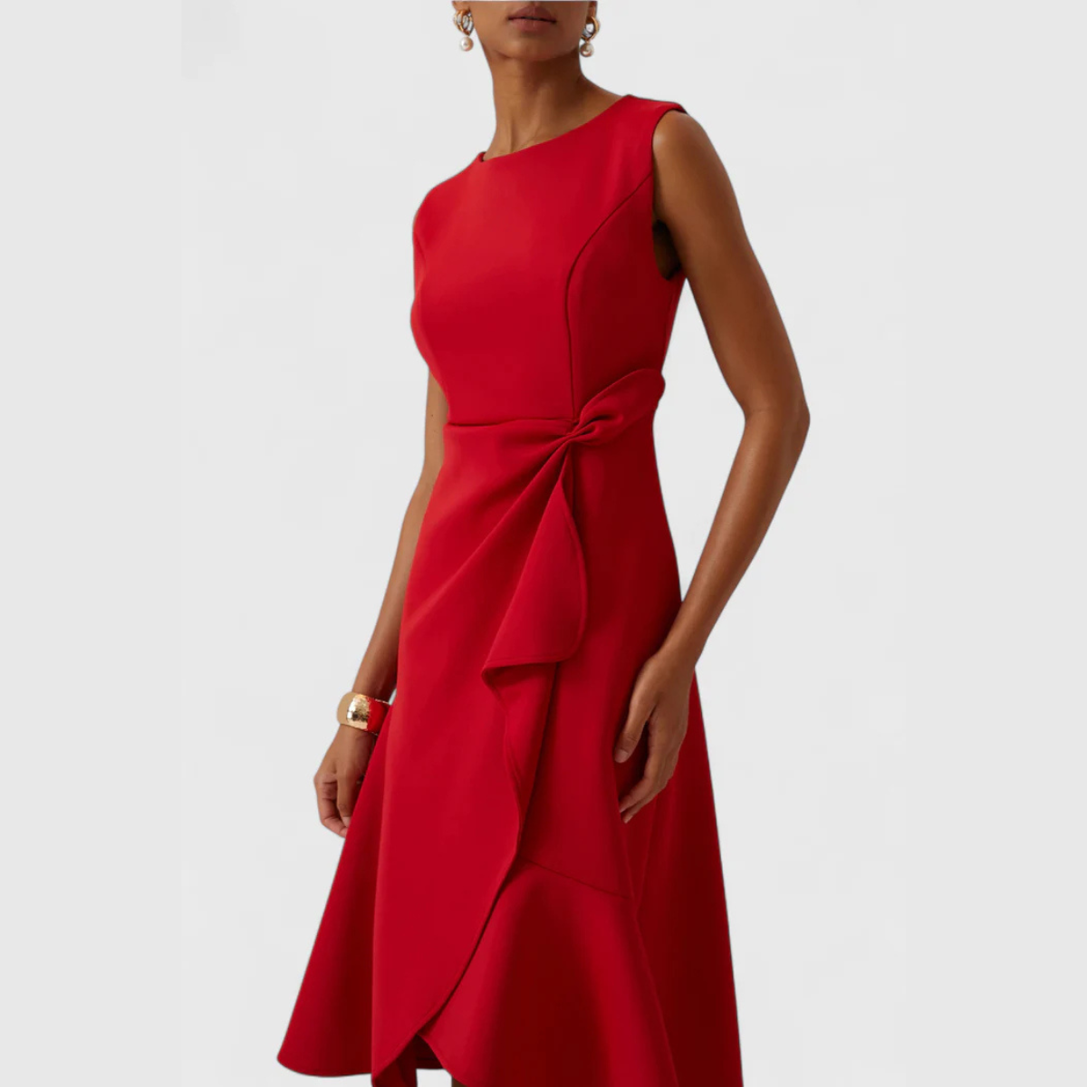 Women's Sleeveless Midi Dress Round Neck Draped Waist Asymmetric Hem