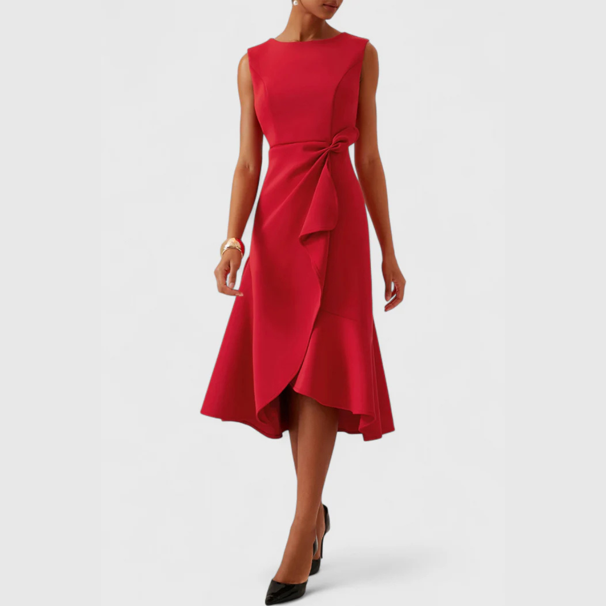 Women's Sleeveless Midi Dress Round Neck Draped Waist Asymmetric Hem