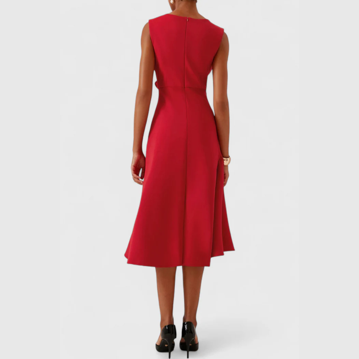 Women's Sleeveless Midi Dress Round Neck Draped Waist Asymmetric Hem