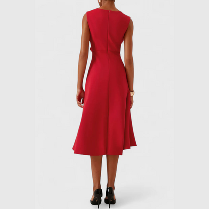 Women's Sleeveless Midi Dress Round Neck Draped Waist Asymmetric Hem