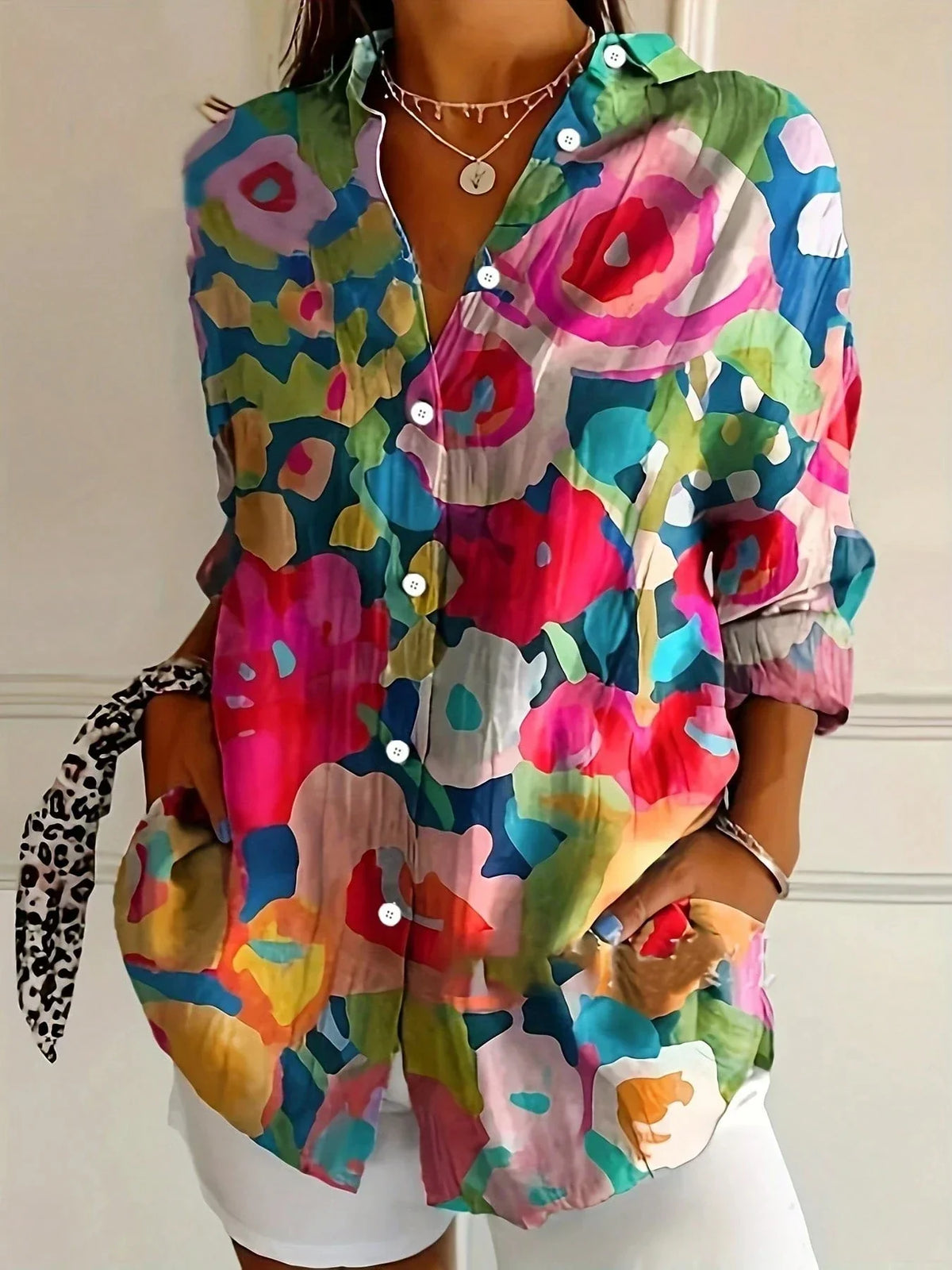 Women's Multicolor Print Blouse Cotton Button Front Rolled Sleeves