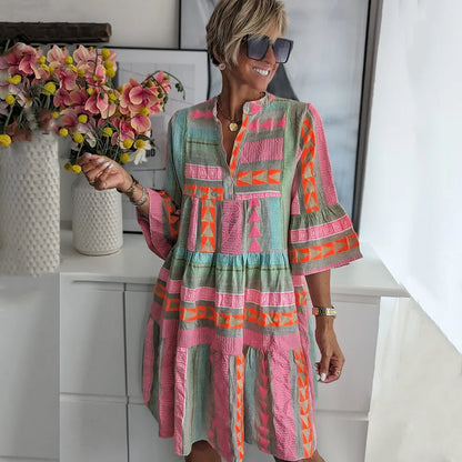 Women's Geometric Print Dress Flared Sleeves