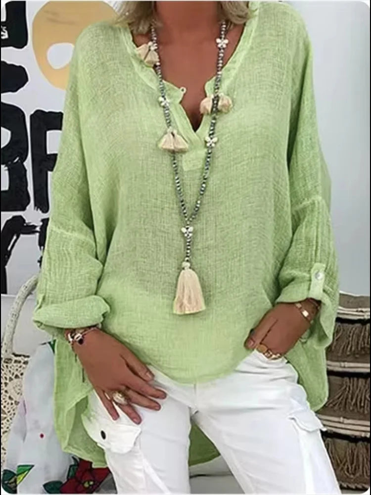Women's V-Neck Blouse Rolled Sleeves