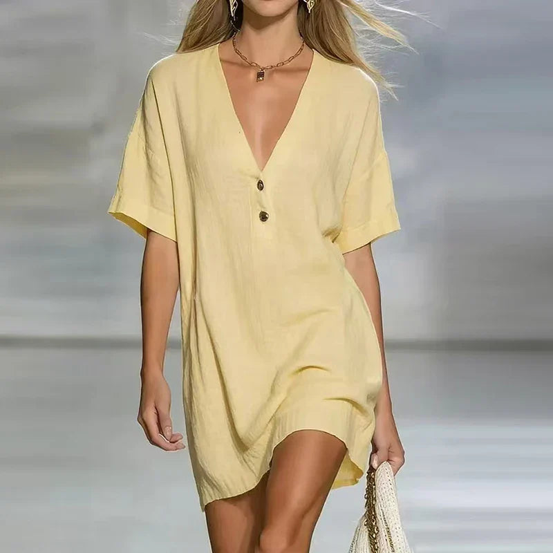 Linen V Neck Shirt Dress