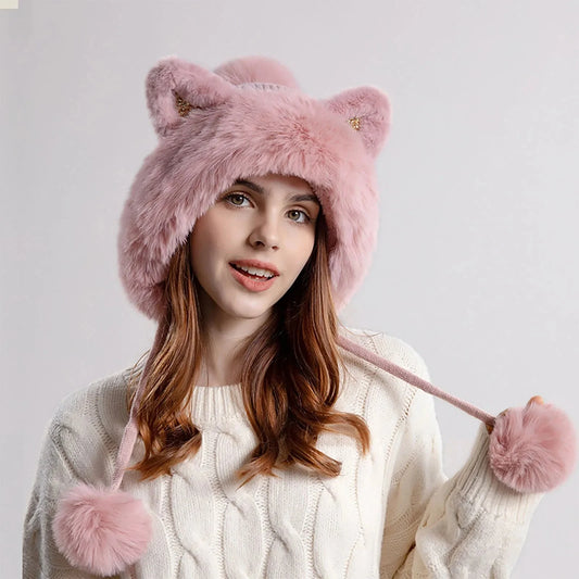 Women's Trapper Hat Pom-Pom Ear Flaps Warm Winter Beige