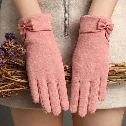 Women's Fitted Bow Detail Gloves Wrist-Length Soft