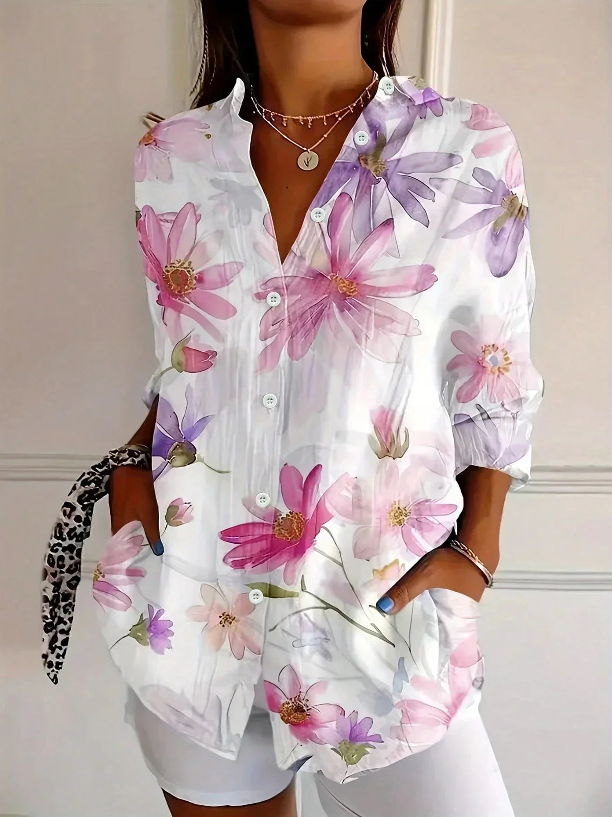 Women's Multicolor Print Blouse Cotton Button Front Rolled Sleeves