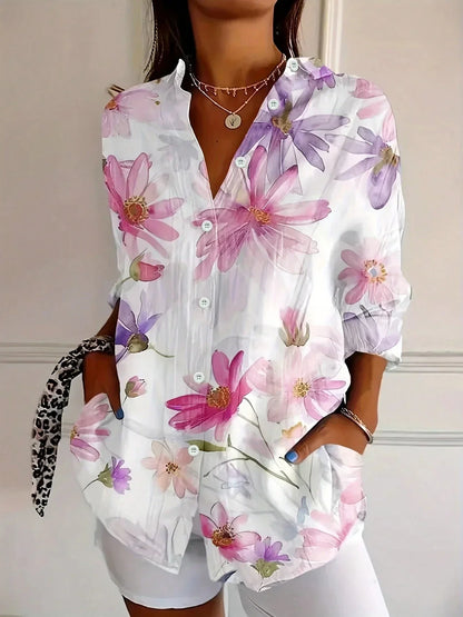Women's Multicolor Print Blouse Cotton Button Front Rolled Sleeves