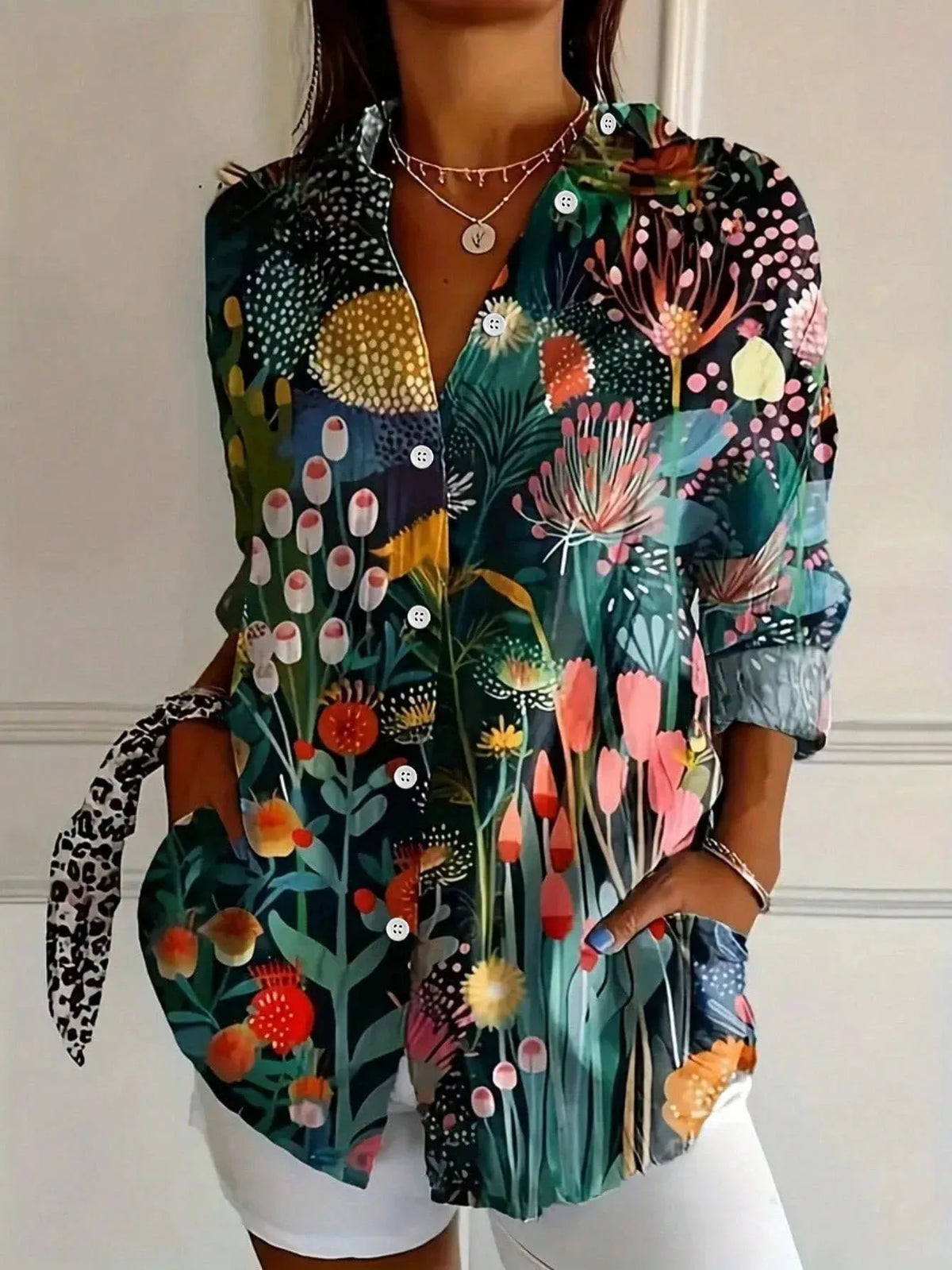 Women's Multicolor Print Blouse Cotton Button Front Rolled Sleeves