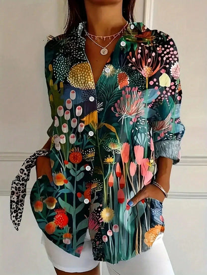 Women's Multicolor Print Blouse Cotton Button Front Rolled Sleeves