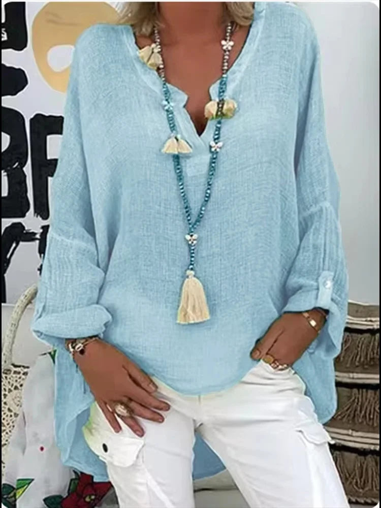 Women's V-Neck Blouse Rolled Sleeves