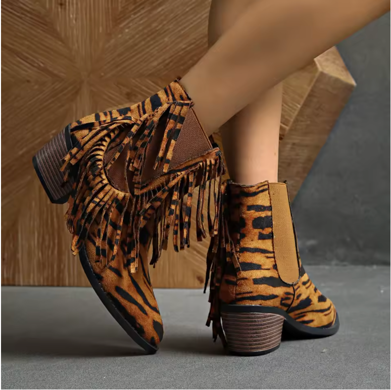 Women's Fringe Ankle Boots Block Heel