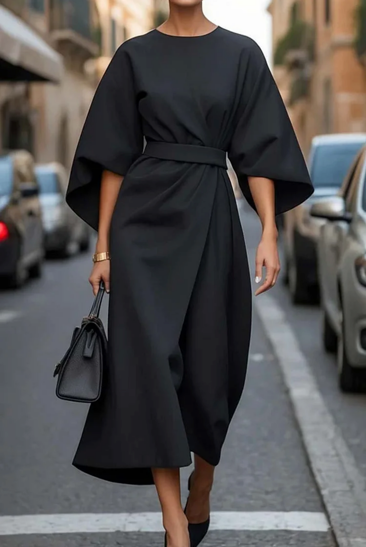 Women's Midi Dress Round Neck Wide Sleeves Waist Belt