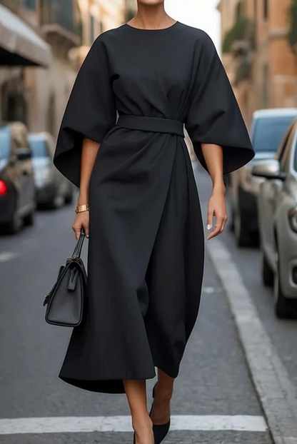 Women's Midi Dress Round Neck Wide Sleeves Waist Belt
