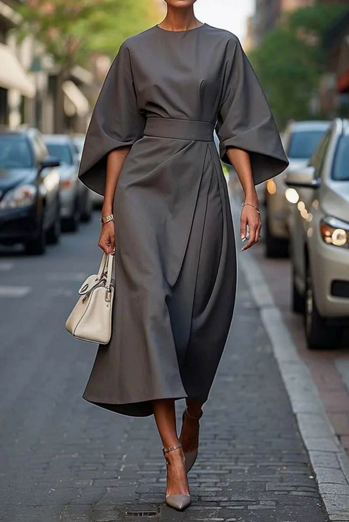 Women's Midi Dress Round Neck Wide Sleeves Waist Belt