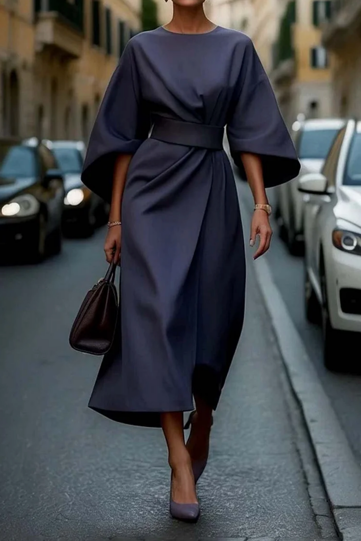 Women's Midi Dress Round Neck Wide Sleeves Waist Belt