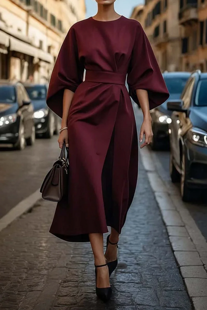 Women's Midi Dress Round Neck Wide Sleeves Waist Belt