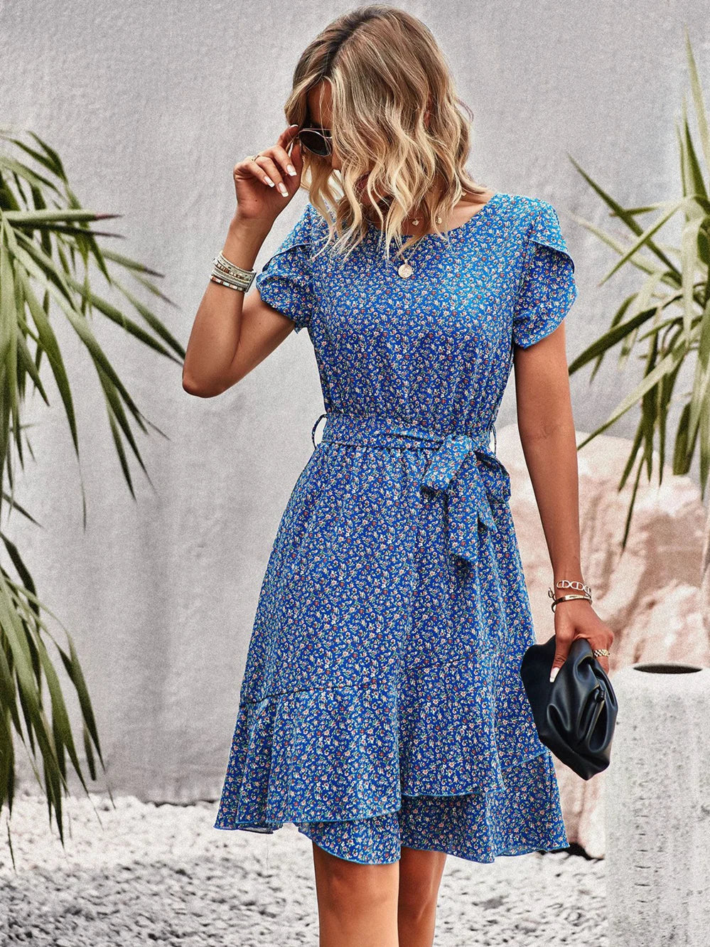 Women's Ruffle Hem Dress Flutter Sleeves