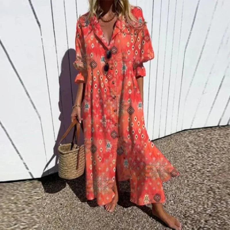 Women's Maxi Dress Collared Button Front Printed