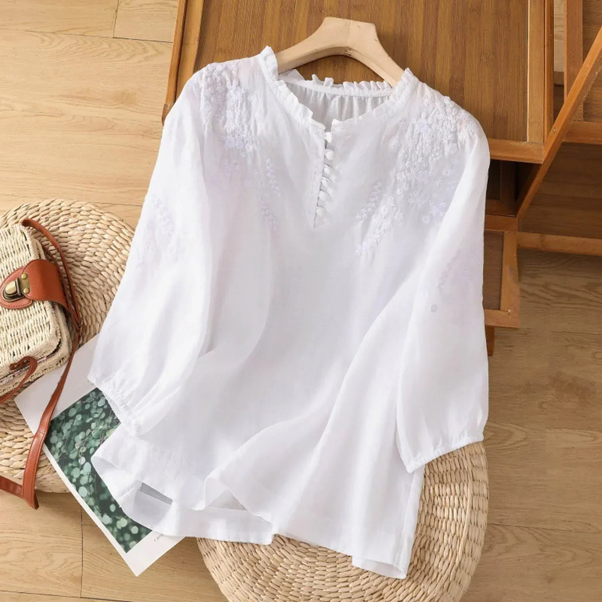 Women's Ruffle Blouse Embroidered Cotton