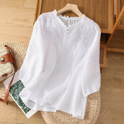 Women's Ruffle Blouse Embroidered Cotton