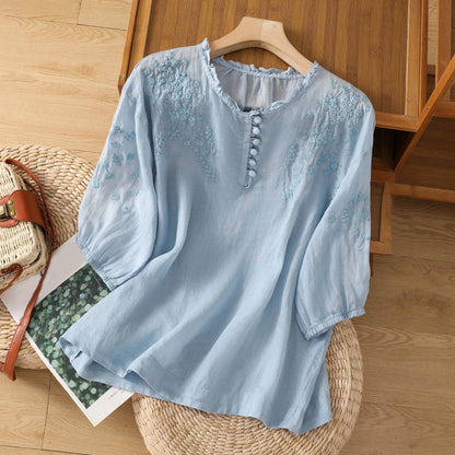 Women's Ruffle Blouse Embroidered Cotton