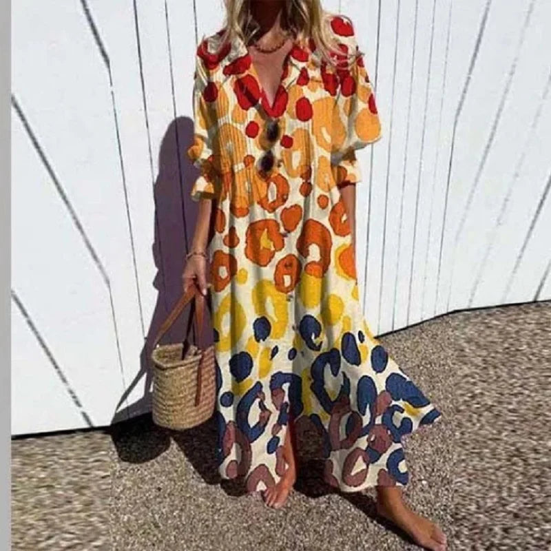 Women's Maxi Dress Collared Button Front Printed