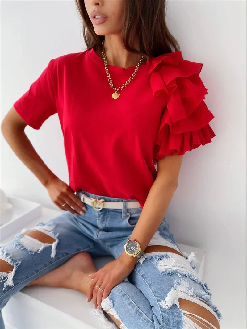Women's One-Shoulder Blouse Ruffle Detail
