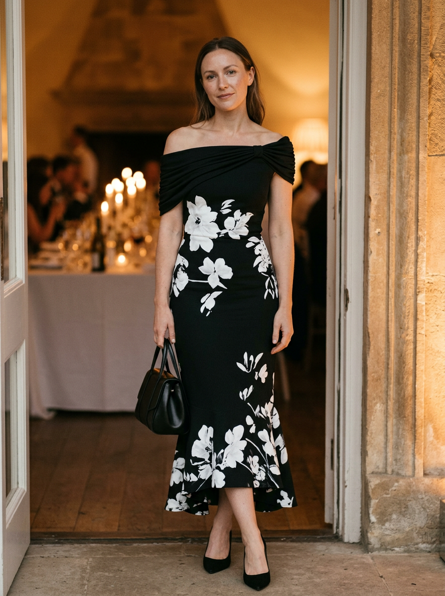 Isabrunel Women's Fitted Midi Dress Off-Shoulder Floral