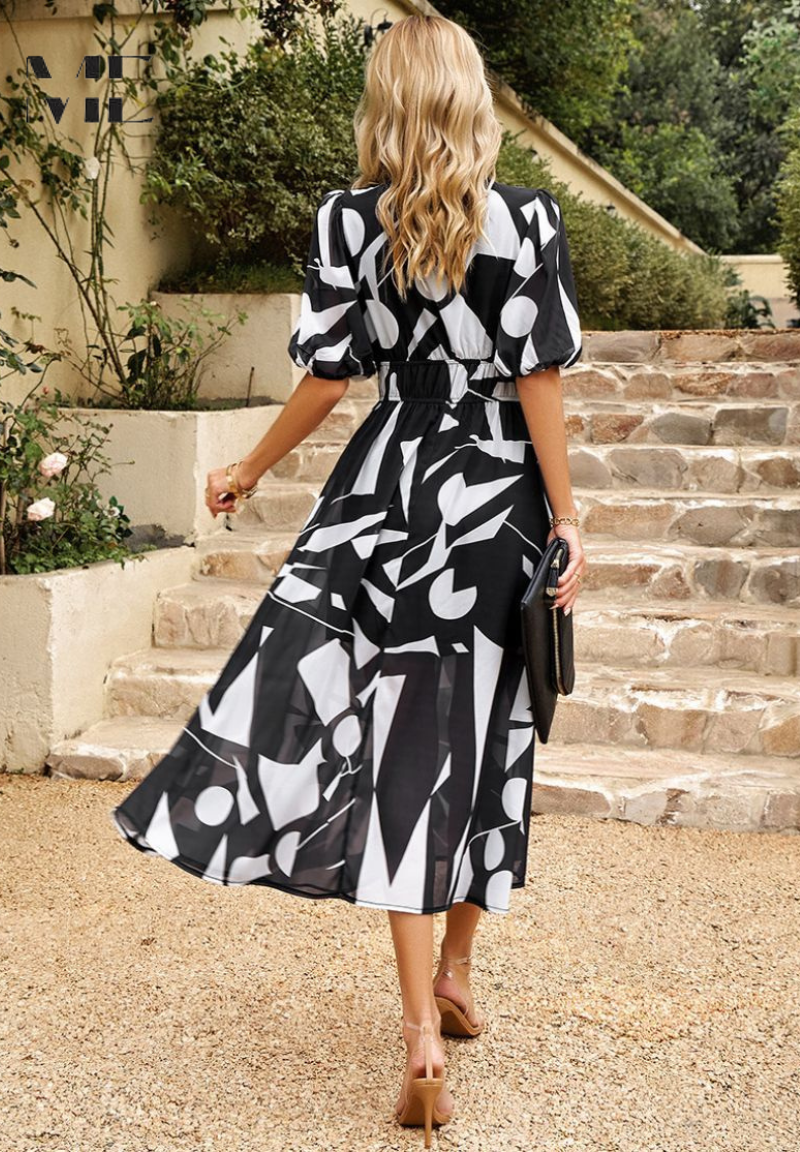 Women's Midi Dress V-Neck Puff Sleeves Gathered Waist