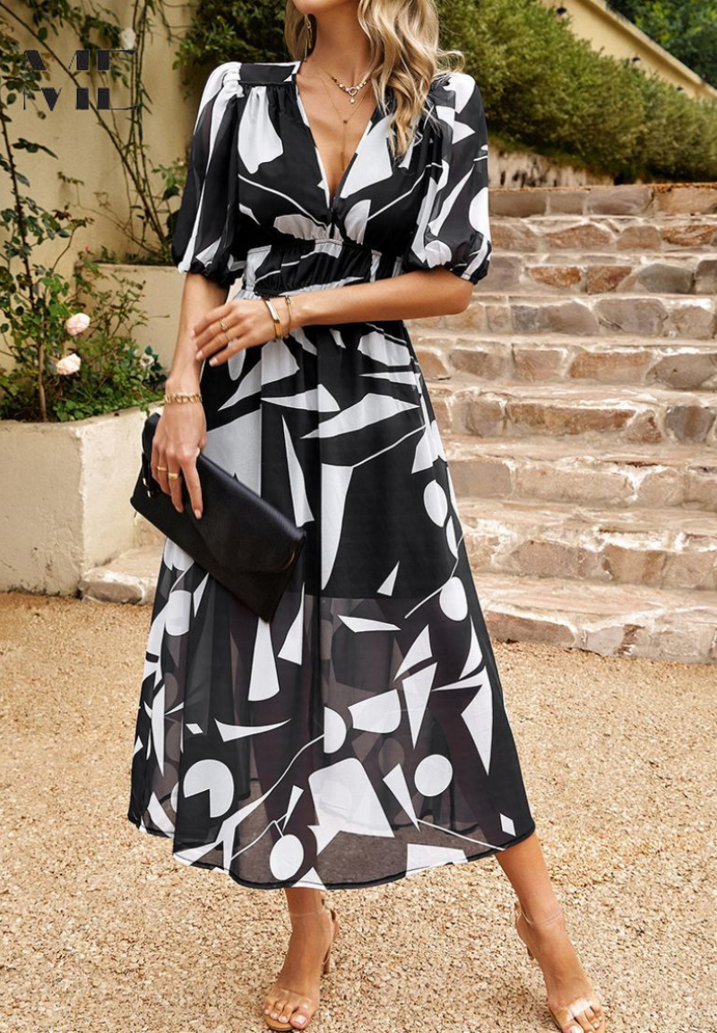 Women's Midi Dress V-Neck Puff Sleeves Gathered Waist